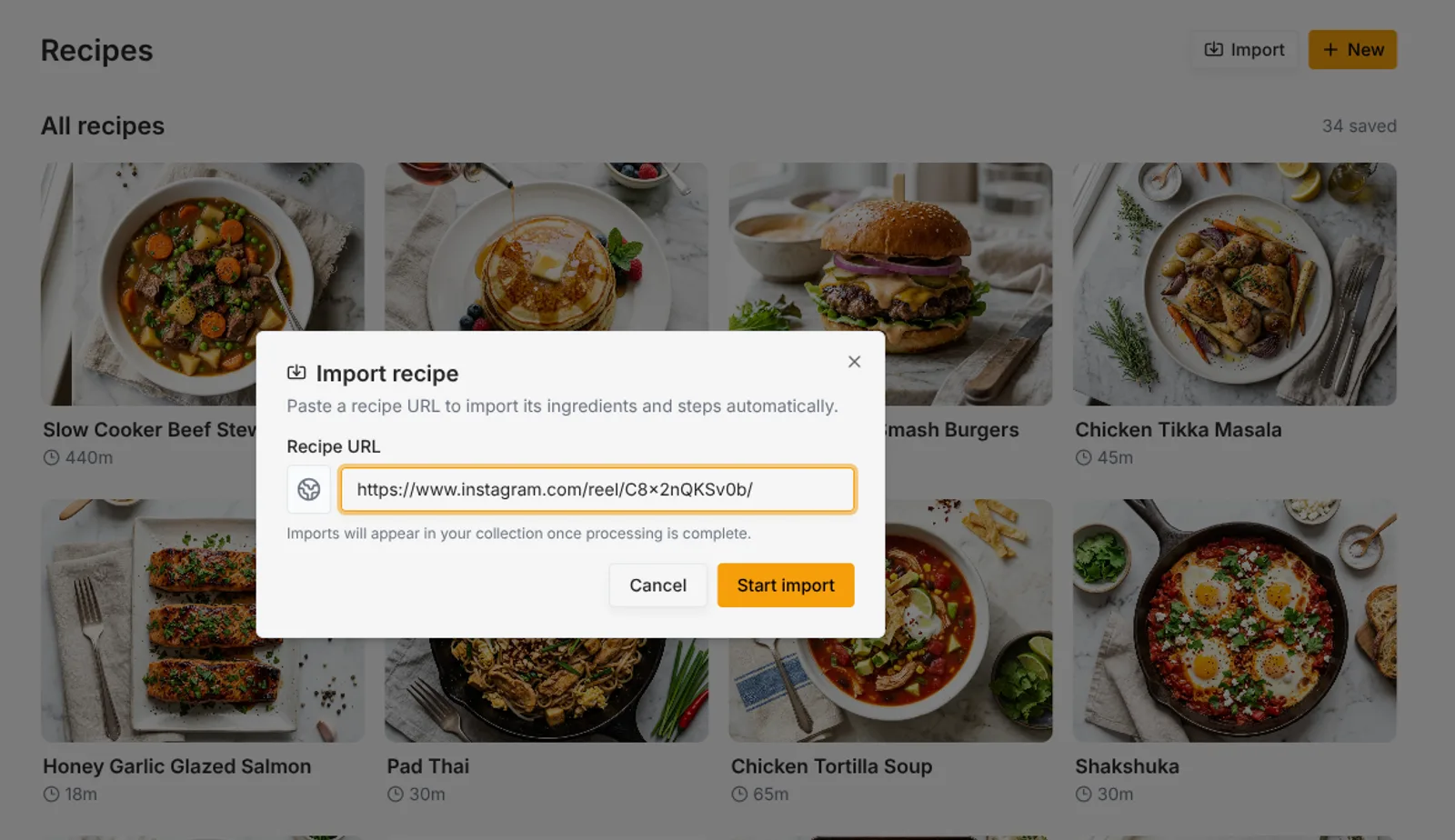 The Import recipe dialog with an Instagram reel link pasted in