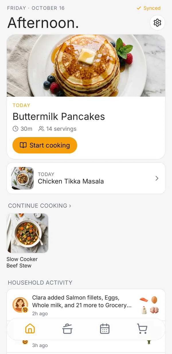 Hearth's Home tab showing today's meal and household activity