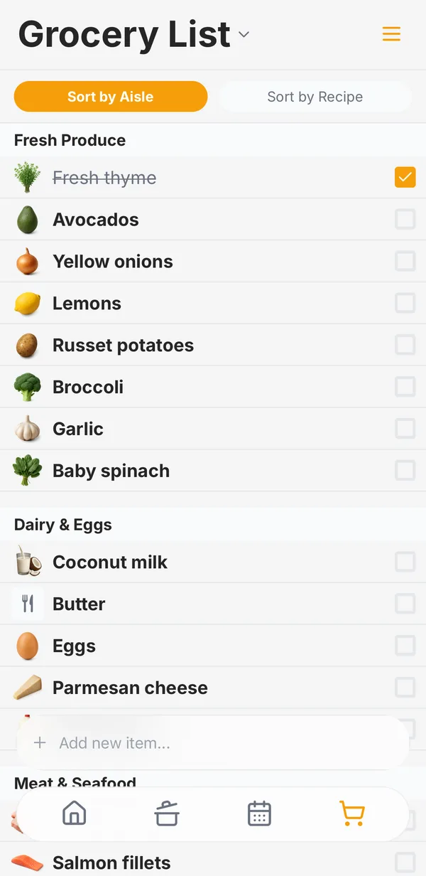 Hearth on a phone — the shared grocery list, sorted by aisle